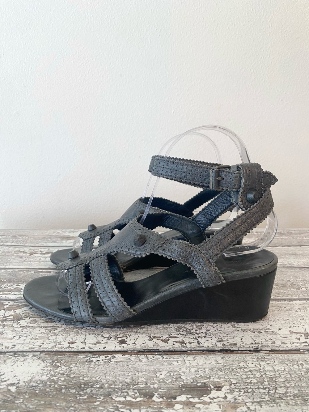 BALENCIAGA Wedge Strappy Ankle Studded Sandals in Charcoal Gray